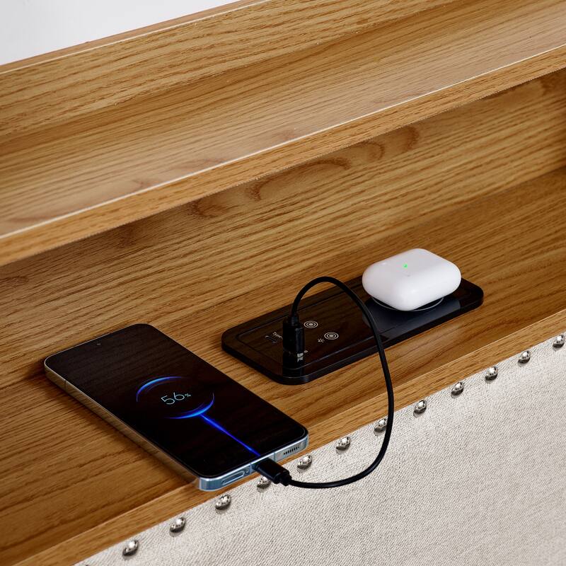 Versatile Storage Bedframe Twin Size Linen Upholstered Daybed with LED Lights, Open Shelves and Wireless Charging