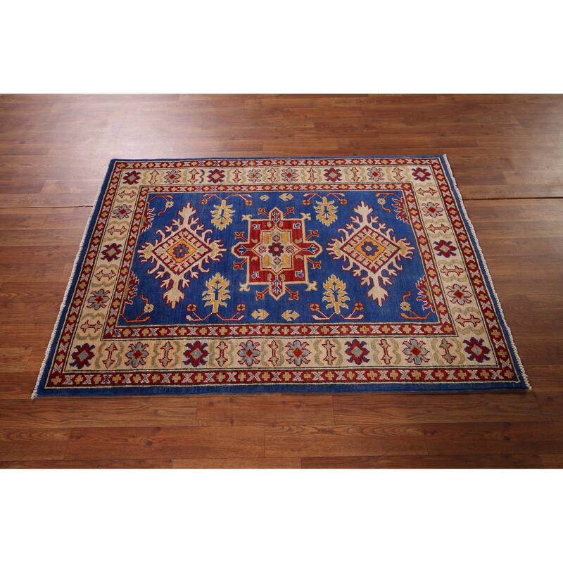 Blue Geometric Kazak Accent Rug Hand-Knotted Oriental Wool Carpet - 3'5" x 4'11"