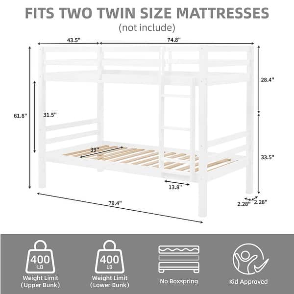 dimension image slide 2 of 4, Twin over Twin Wooden Bunk Bed,High Guardrail,Ladder,Kids Teens,Dorm