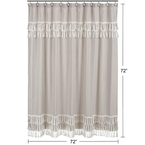 Boho Fringe Bathroom Fabric Bath Shower Curtain Beige Tan Taupe Linen for Bohemian Woodland Farmhouse Botanical Leaf Collection