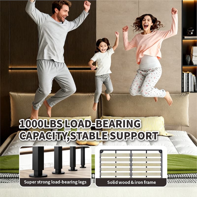 King Size Cloud Bed Frame with Oversized Movable Headboard, Chenille Upholstered Platform Bed with Metal & Wood Support