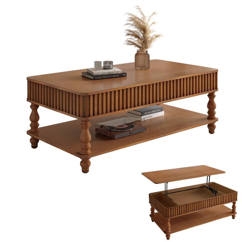 Rustic Style Lift-Top Coffee Table with Hidden & Open Storage