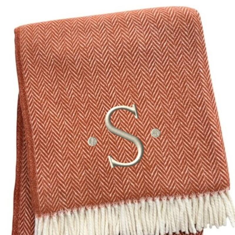 55" X 70" Terra Cotta And White Herringbone Cotton Blend S Initial Throw Blanket with Tassels And Embroidery