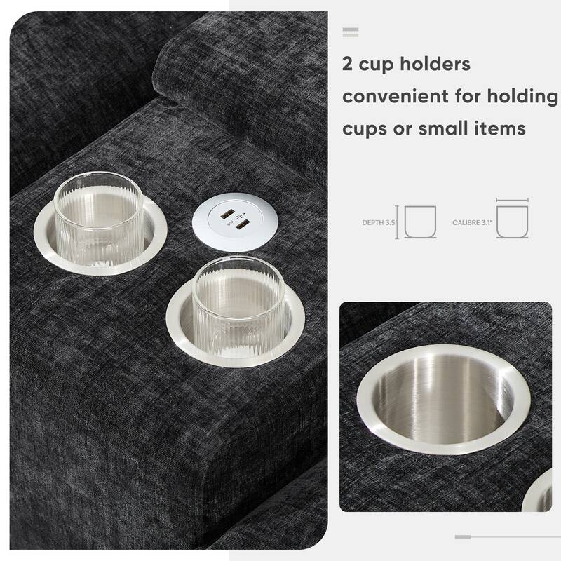 55" Modern U-shaped 6 Seat Sectional Sofa with Console, Cup Holders and USB Charger, Chenille, 5 Colors, Black