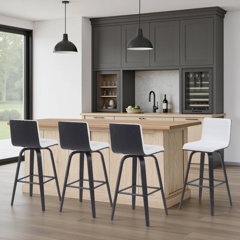 Skara Swivel Bar Stool, Upholstered Bar Height Chair with Bentwood Frame - White Faux Leather & Black - Set of 4