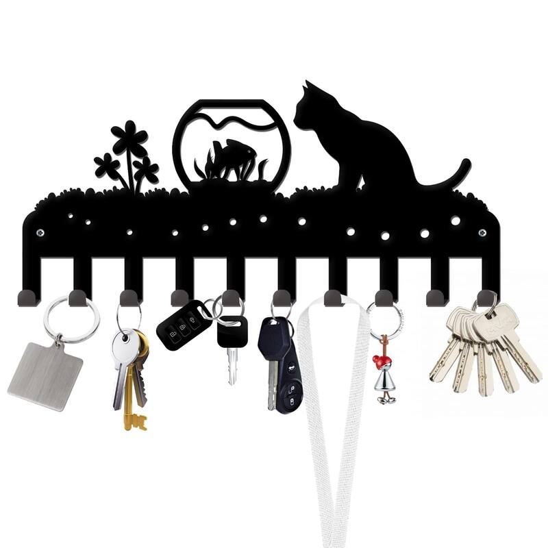 Adorable Kitty Black Iron Wall Mounted Rack with 10 Hooks for Entryway or Bedroom - 13.78”L x 5.51”H