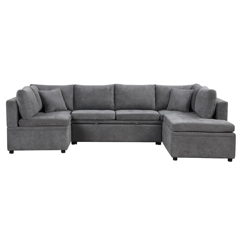 117.3" Oversized U-shaped Pull-out Sofa Bed, Gray Chenille, 2 Pillows