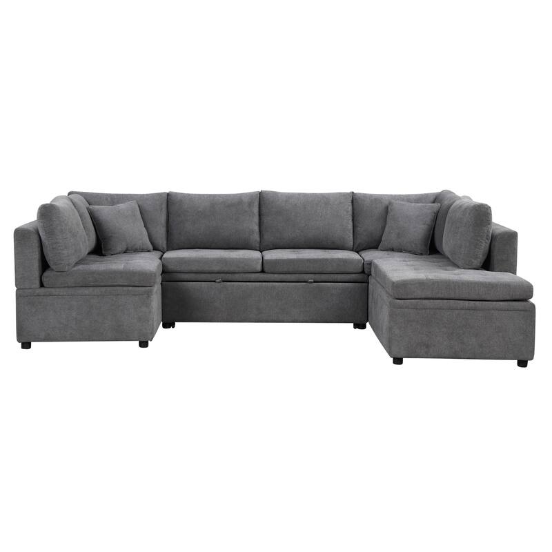 Grey 117" U-Shaped Oversized 6-Seater Sectional Sofa with Chaise, Pull-Out Bed, and 2 Detachable Throw Cushions for Comfort
