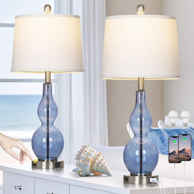 27.5'' Blue Glass Table Lamps with USB-C, USB-A & AC Outlet, Touch Control, Modern Bedside Lamps(Set of 2)