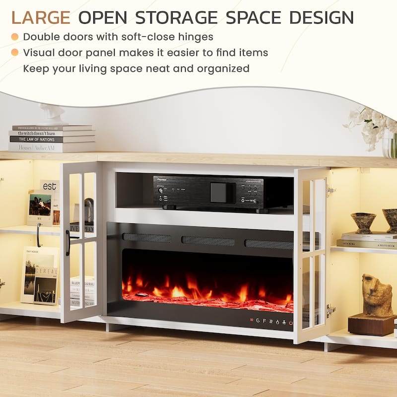EROMMY 78"/ 97" Fireplace TV Stand with Electric Fireplace, Farmhouse Media Console with LED Lights, Glass Doors