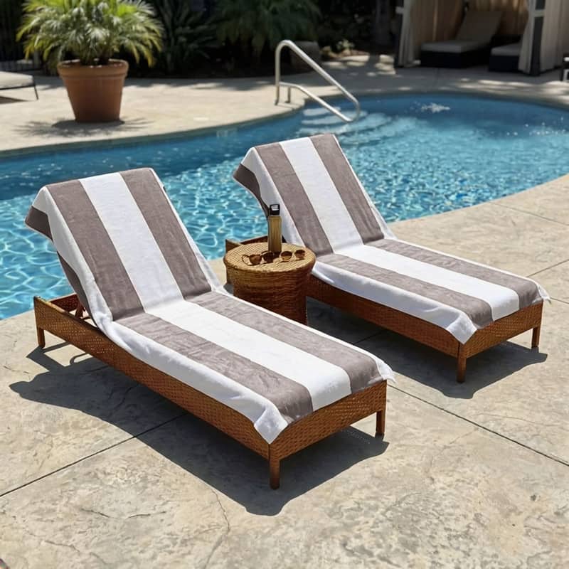 100% Cotton Cabana‑Stripe Lounge Chair Cover Terry Towel with Fitted Pocket & Back Flap Set of 2 - Taupe