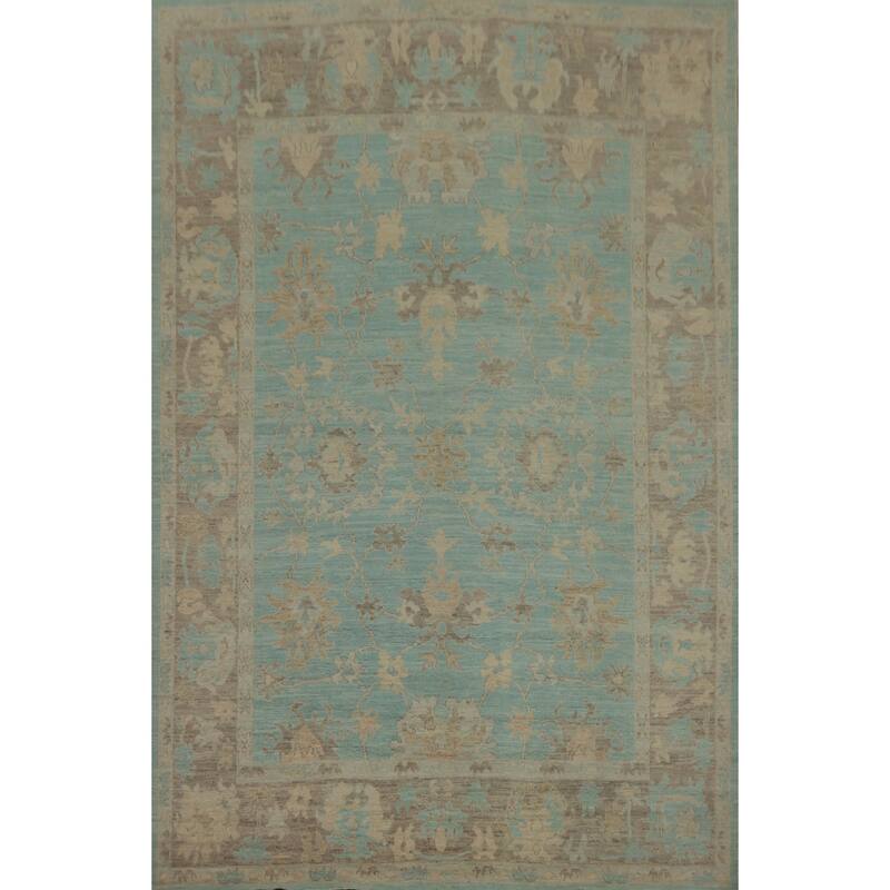 Vegetable Dye Blue Oushak Turkish Area Rug, Floral Geometric Carpet - 10' 3'' X 8' 3''