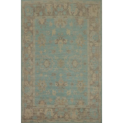 Vegetable Dye Blue Oushak Turkish Area Rug, Floral Geometric Carpet - 10' 3'' X 8' 3''