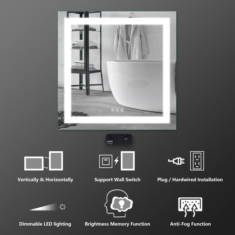 LED Bathroom Vanity Mirror Wall Mounted Dimmable Anti-Fog Mirror with 3 Buttons Vertical & Horizontal Hang