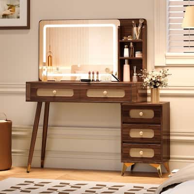 47.24" Rustic Makeup Vanity Desk with Mirror and Adjustable Lights, Rattan Drawers