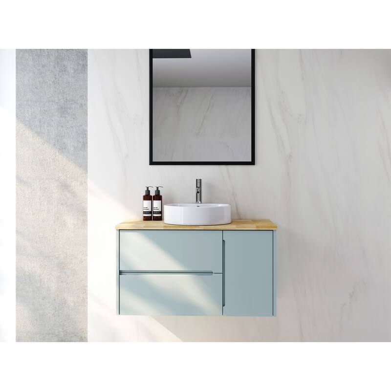 36 Inch Blue Wall Mount Bathroom Vanity with Double Drawers Single Door Solid Wood Top Round Ceramic Sink Modern Design - Blue+Neutral