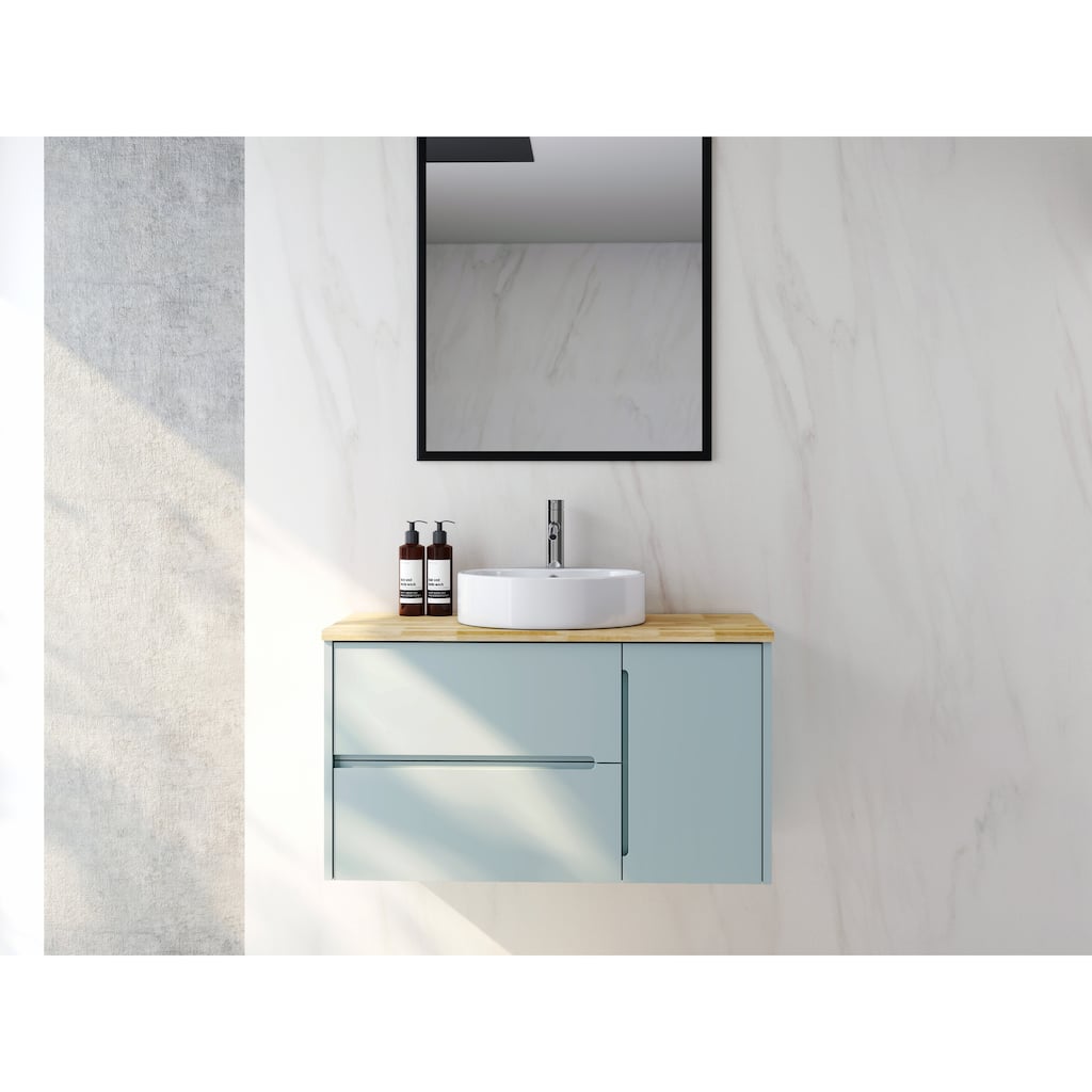 36 Inch Blue Wall Mount Bathroom Vanity with Double Drawers Single Door Solid Wood Top Round Ceramic Sink Modern Design