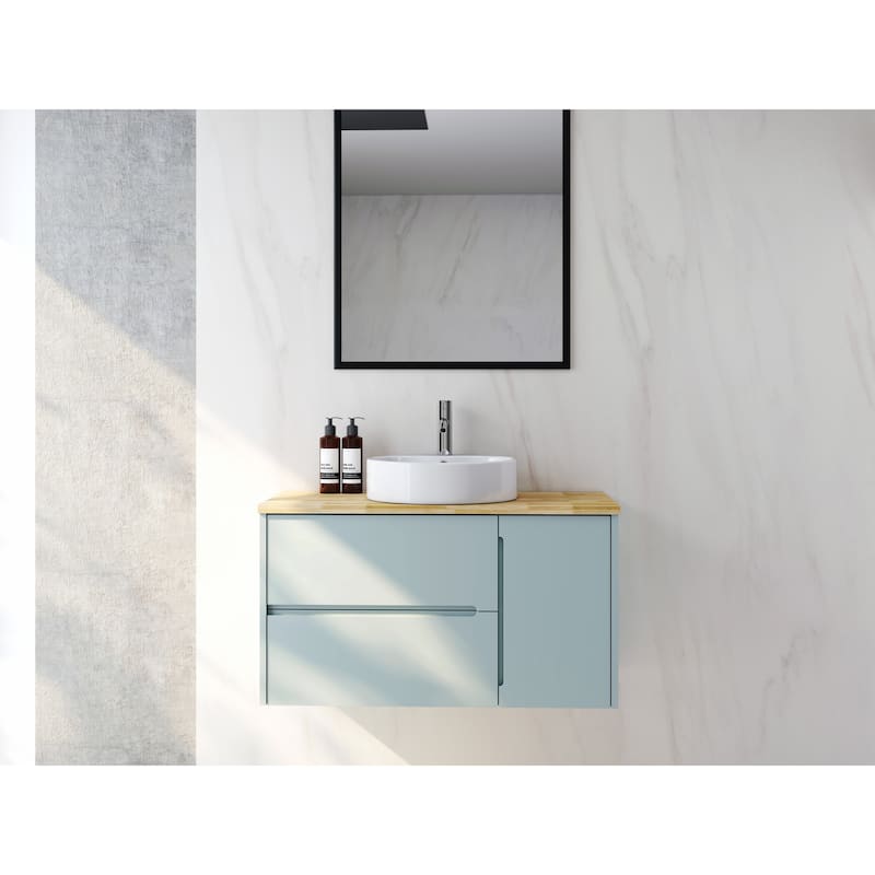 GDFStudio - 36-Inch Wall-Mounted Bathroom Vanity Solid Wood Natural Top, Round Art Ceramic Sink & Round Mirror - Cabinet+Basin - Blue+Neutral
