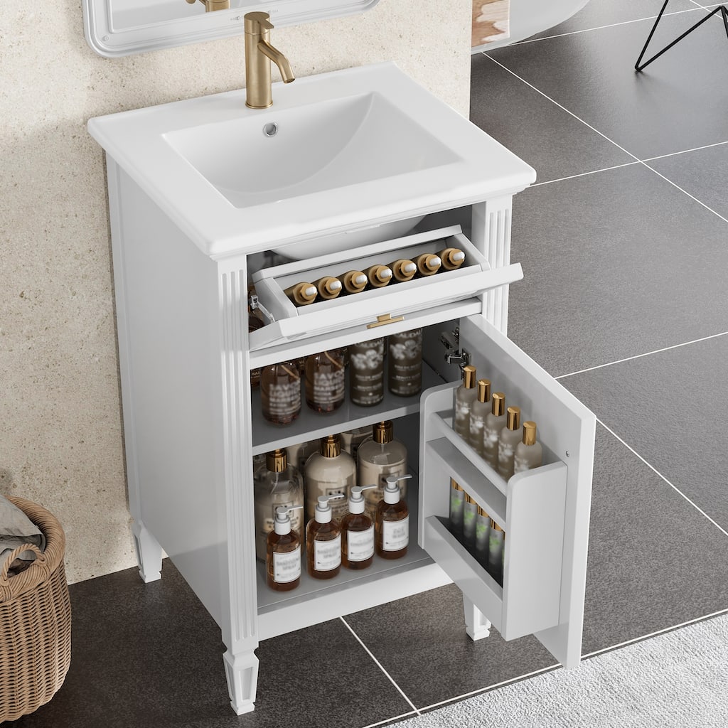 20" Freestanding Bathroom Vanity with Sink, Solid Wood Legs, Adjustable Shelf & Tilt-Out Drawer, Perfect for Tiny Bathrooms