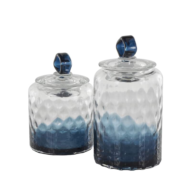 Glass Geometric Faceted Ombre Decorative Jars with Diamond Knobs - Set of 2 Dark Blue - Roche River Decor