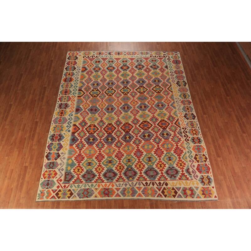 Tribal / Geometric Kilim Oriental Rug Hand-Woven Wool Carpet - 9'11"x 12'10"