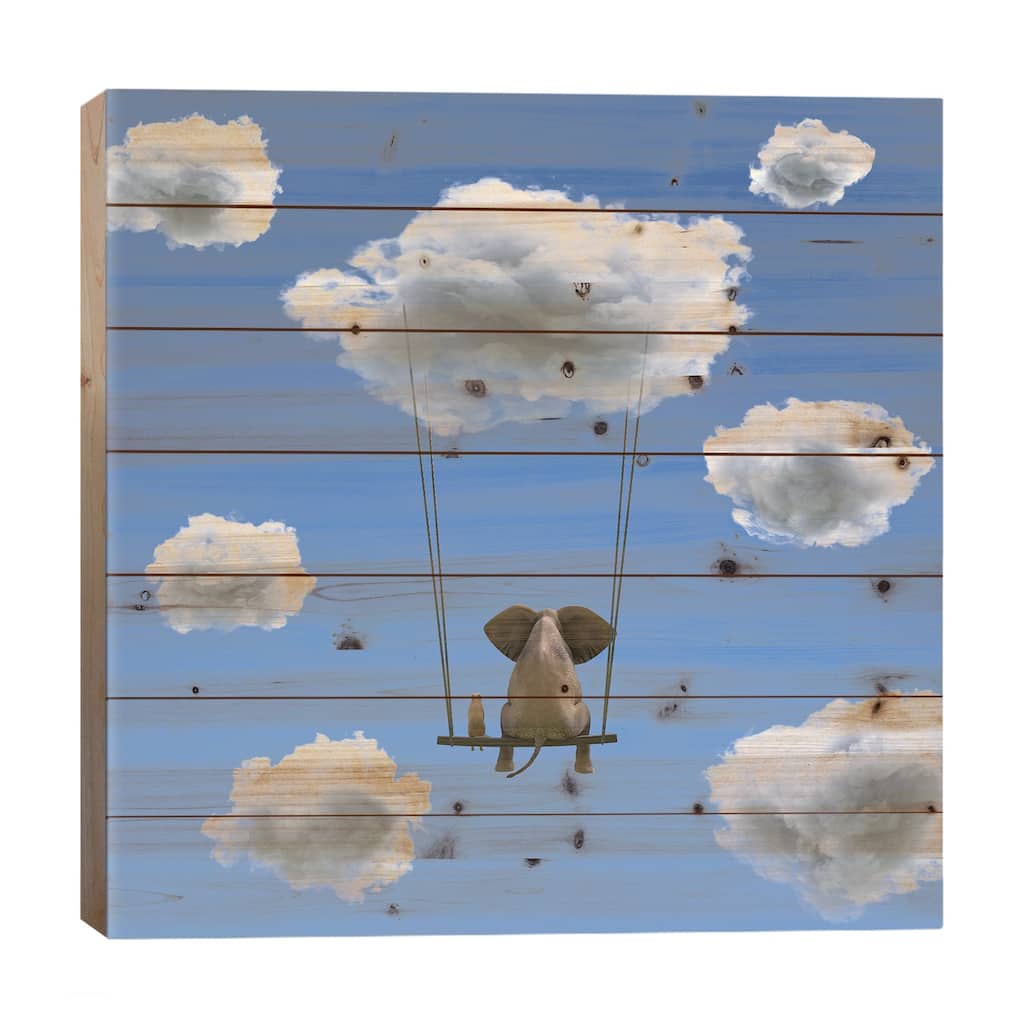 Elephant And Dog Are Flying On A Cloud II Print On Wood by Mike Kiev - Multi-Color