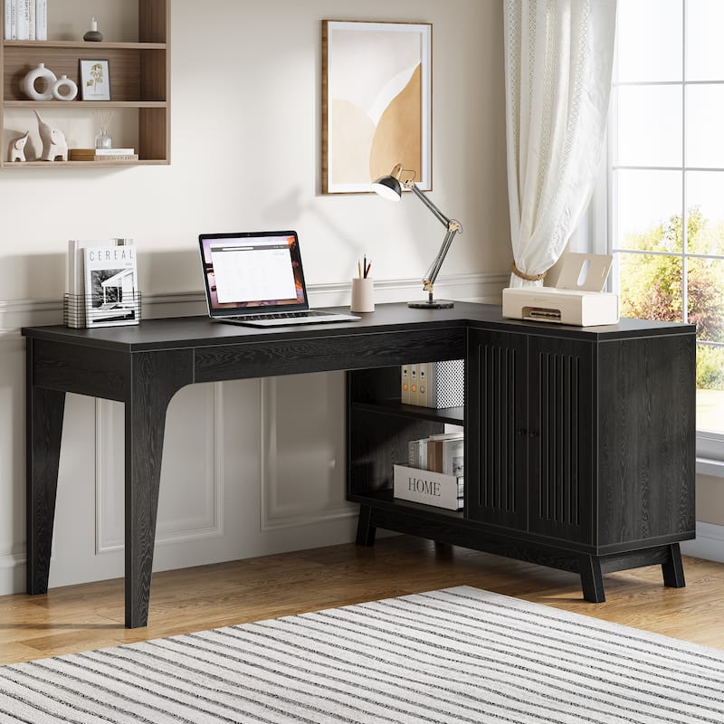 L-Shaped Desk with Storage Cabinet, 57-Inch Wood Corner Workstation