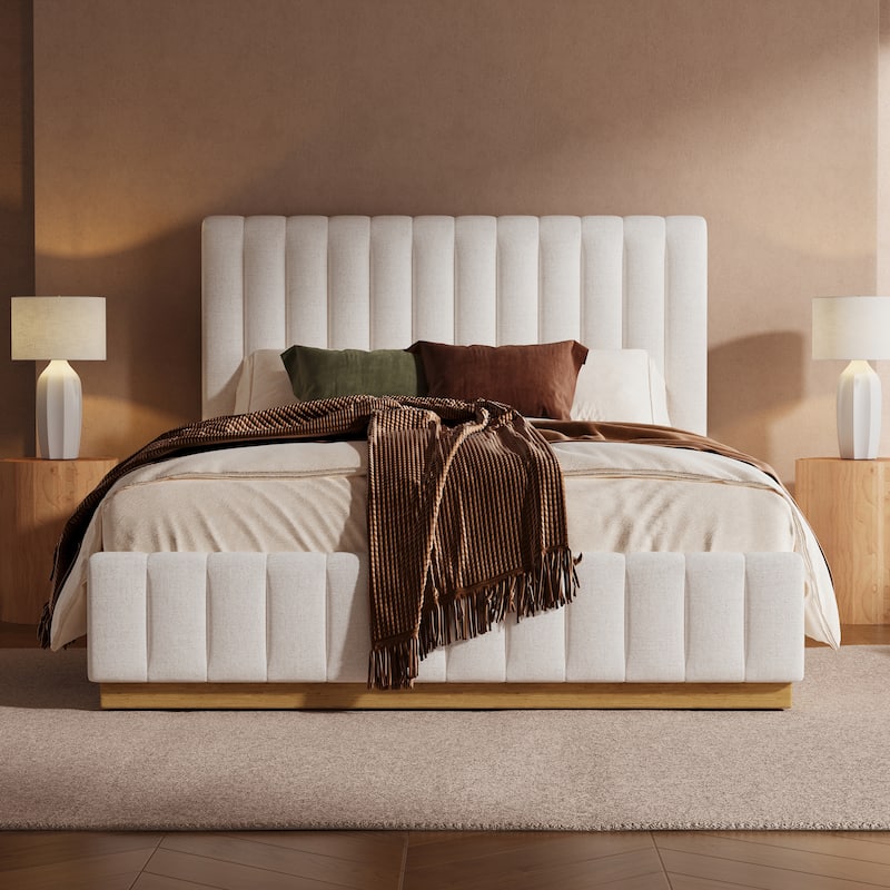 Christopher Knight Home - Harper Modern Linen Upholstered King Bed Frame with Thick Headboard and Solid Wood Base - Beige - Queen