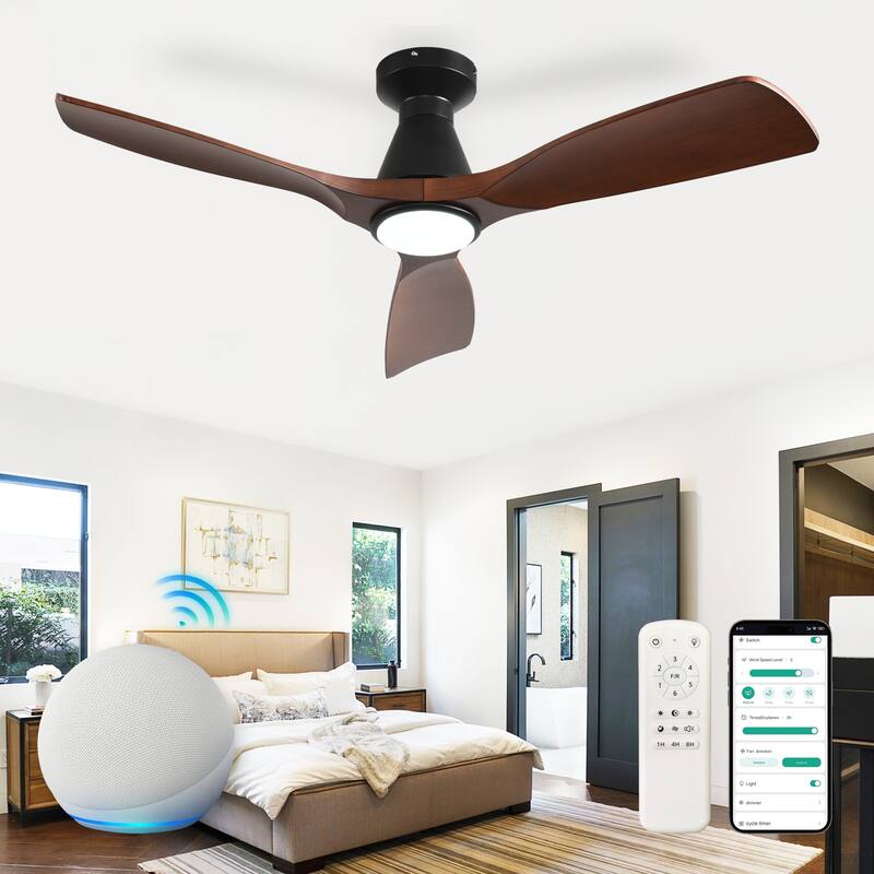 Ceiling Fans with Lights and APP: Flush Mount Low Profile Ceiling Fan for Bedroom - Dimmable Indoor Outdoor Fan - 42in - Walnut