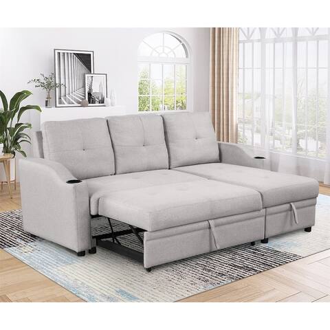 Merax Modern Pull Out Upholstered Sofa Bed with Storage Chaise and Cup Holder