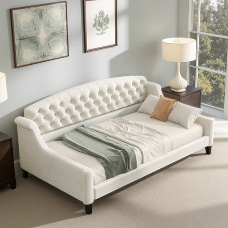 Twin Upholstered Daybed with Button-Tufted Wingback Design, Velvet Fabric Sofa Bed with Slatted Support System