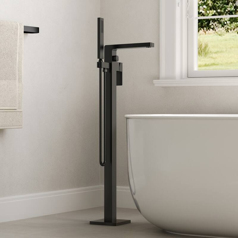 Floor Mount Freestanding Tub Filler with Handshower,Single Handle Bathtub Faucet - Black