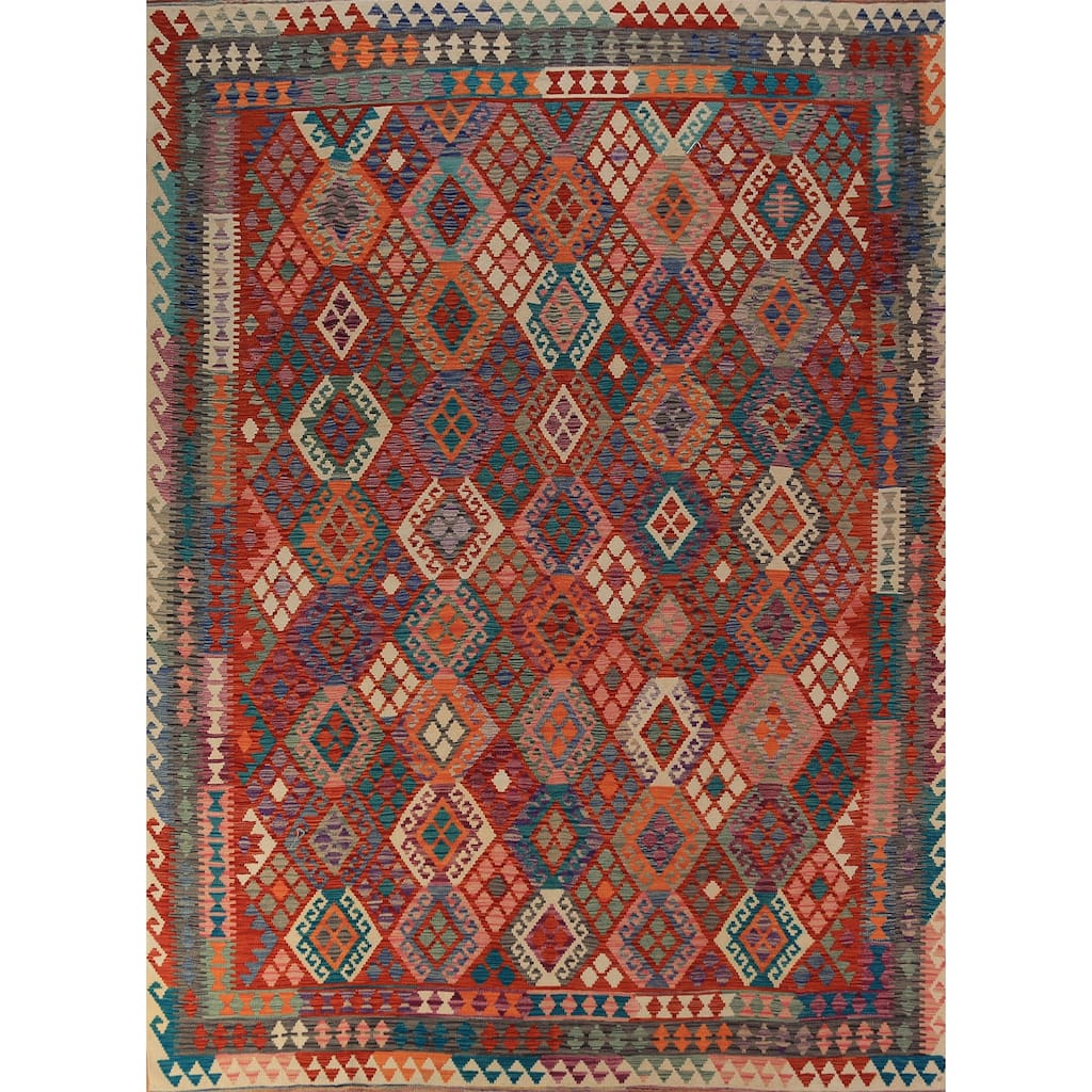 Reversible Kilim Oriental Rug Hand-Woven Multi-Color Wool Carpet - 8'7"x 11'6"