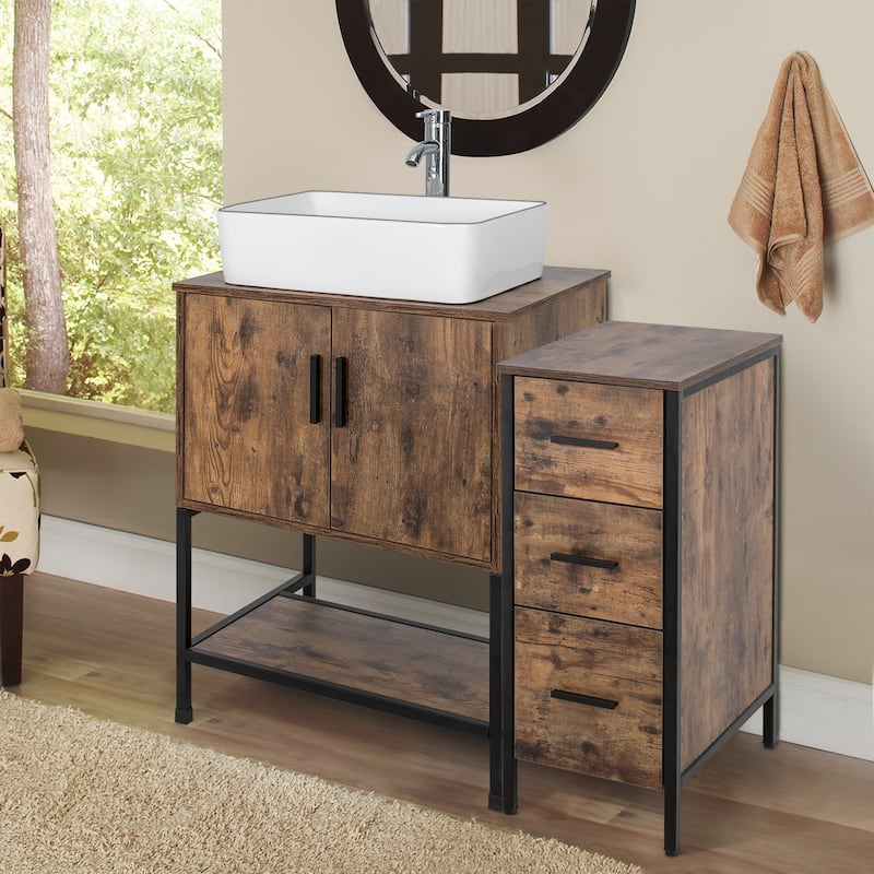 36" Bathroom Vanity Set Organizer Top Vessel Sink W/ Faucet Drain Cabinet Combo