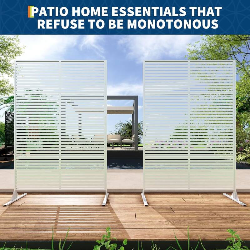 2 Pcs Freestanding Decorative Metal Privacy Screen Outdoor with Stand for Balcony, White