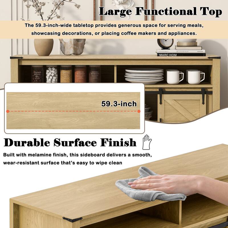 Buffet Cabinet with Sliding Barn Door and Mesh Panels, Open Storage