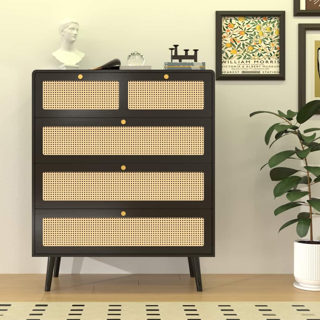 4 Drawer Dresser, Modern Rattan Dresser Chest with Wide Drawers and Metal Handles