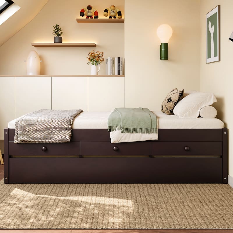 Full/Twin Platform Bed with Trundle, 2 Drawers & Built-in Power Outlets