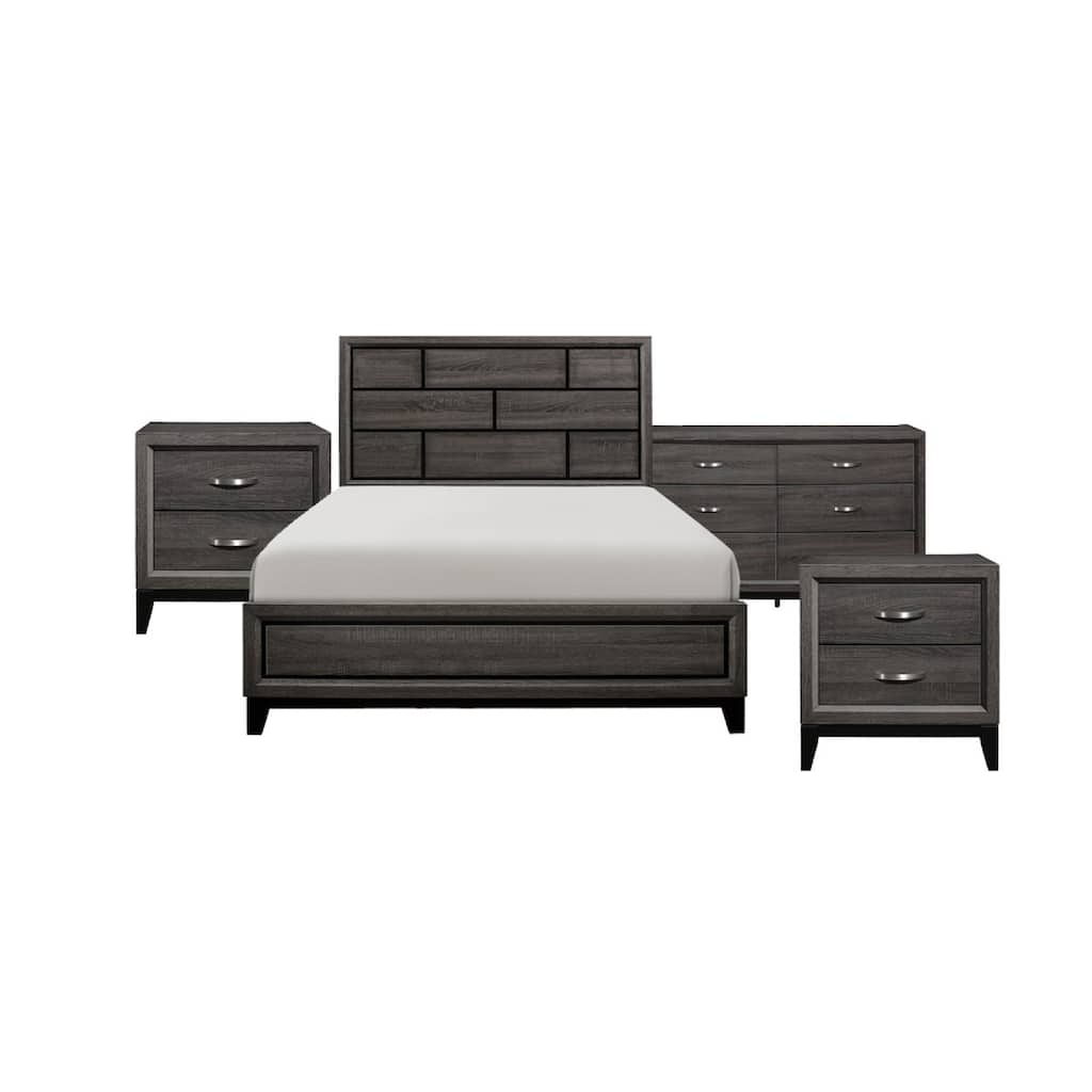 Queen Bedroom Set, Drawer Storage, Gray, 4 Piece Set with 2 Nightstands and Dresser