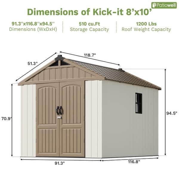 dimension image slide 7 of 10, Patiowell 8' x 6' / 8' x 8' / 8' x 10 '/ 8' x 12' Plastic Outdoor Shed With Floor for Patio Furniture, Tools (Kick-It Shed)