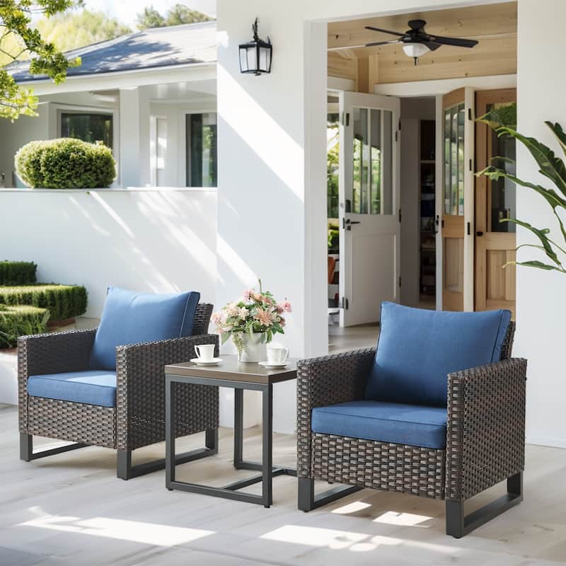 Outdoor Chair Patio Furniture Chairs - 3 Piece - Brown - Blue - Brown