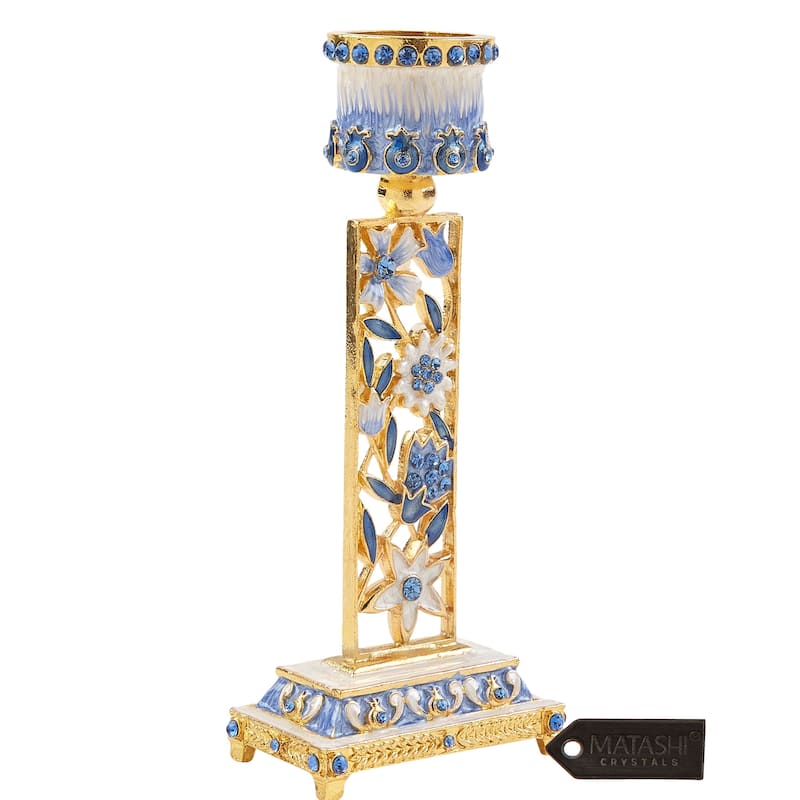 Matashi Shabbat Candlestick (2-Piece Set) Hand-Painted, Gold-Plated Pewter | Adorned w/ Pomegranates and Flowers (Blue)
