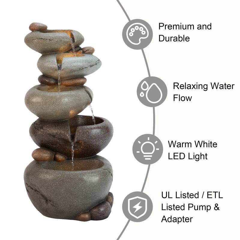 Glitzhome 24.5"H 5-Tiered Zen Style Stacked Pebbles Polyresin Outdoor Fountain with Pump and LED Light