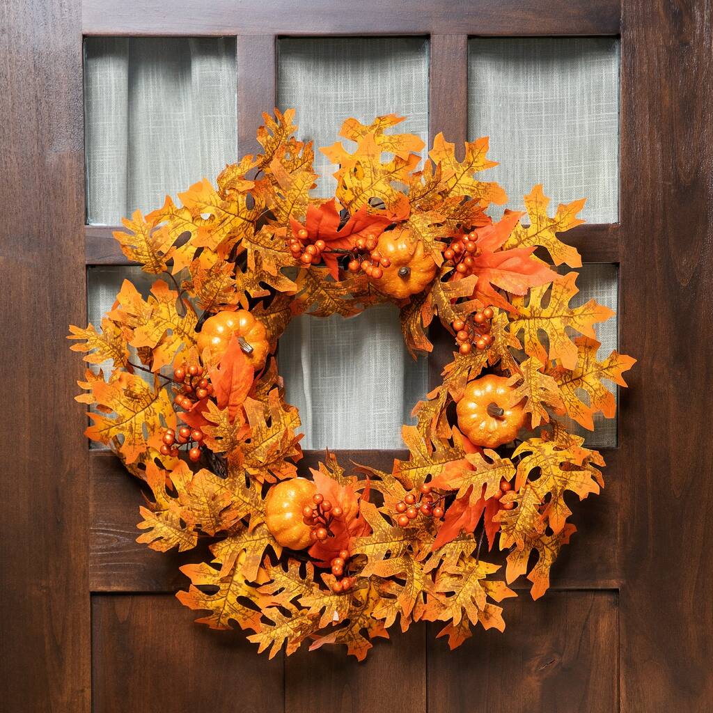 Autumn Leaves Pumpkins Berries Artificial Thanksgiving Wreath 22"