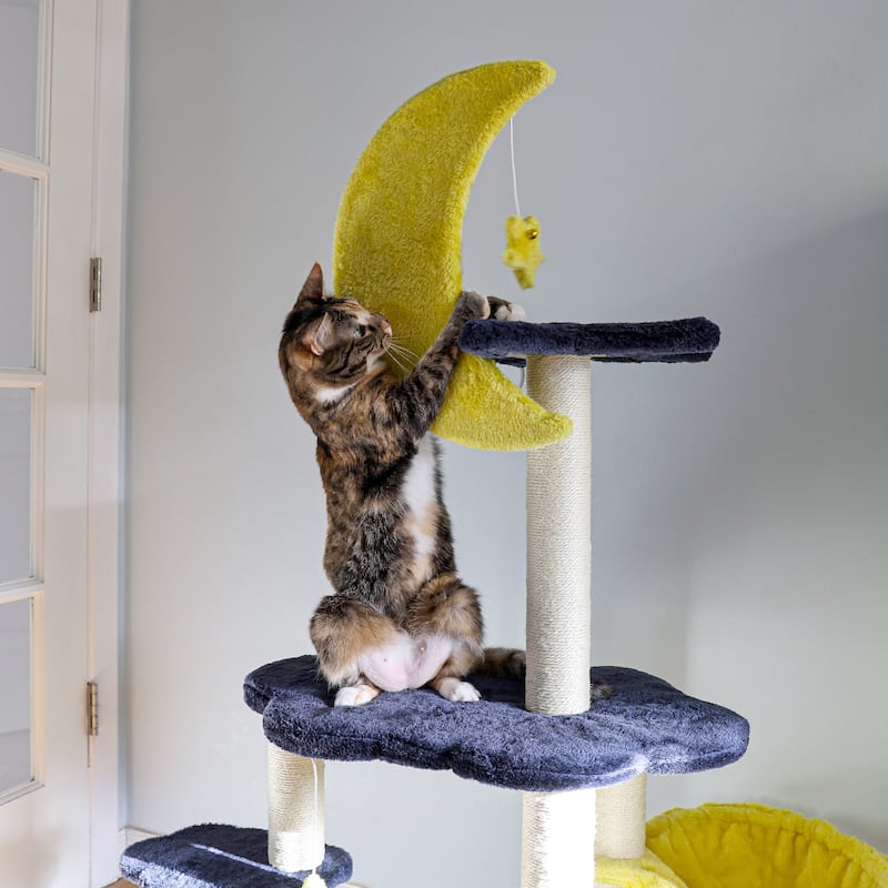 Aurora 49" 3-Tier Modern Sisal Moon And Stars Cat Tree with Scratching Posts, Basket, and Fuzzy Bell Toys, Navy/Yellow/White