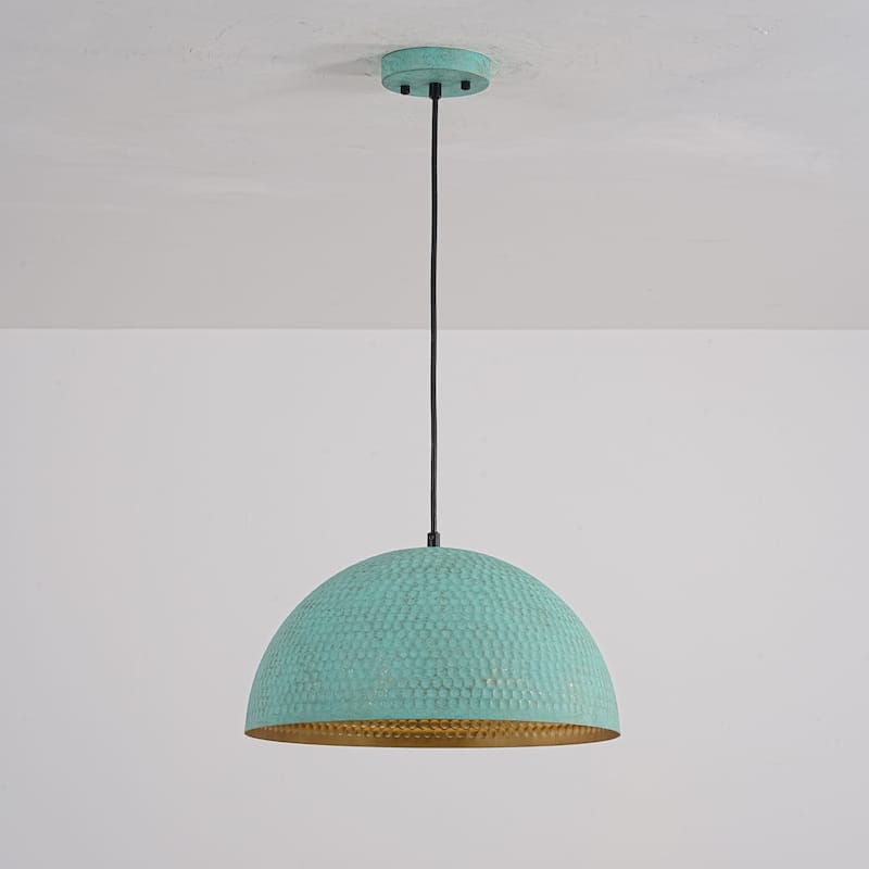 15.7" 1-Light Retro Antiqued Green Hammered Dome Pendant with Gold Interior Hanging Light for Dining Room