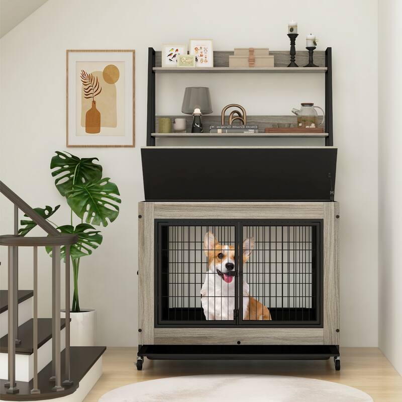Gymax Dog Crate Furniture w/ Storage Shelves Industrial Dog Kennel w/
