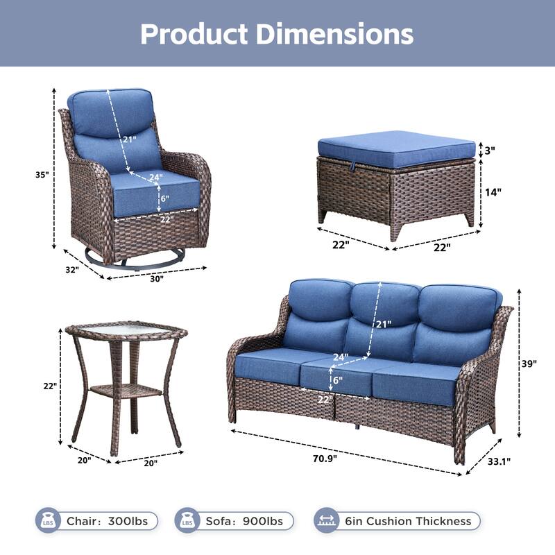 Meyreso 6-Piece Wicker Patio Conversation Set with Swivel Gliders and 6-Inch Thick Olefin Cushions