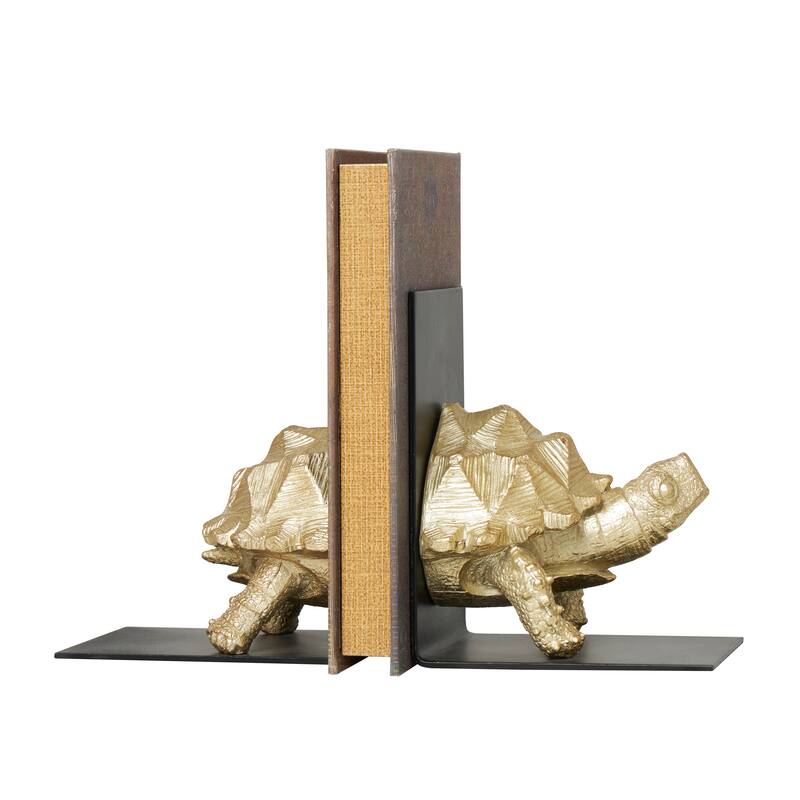 CosmoLiving by Cosmopolitan Brass Polystone Turtle Decorative Bookends with Black Stands (Set of 2)