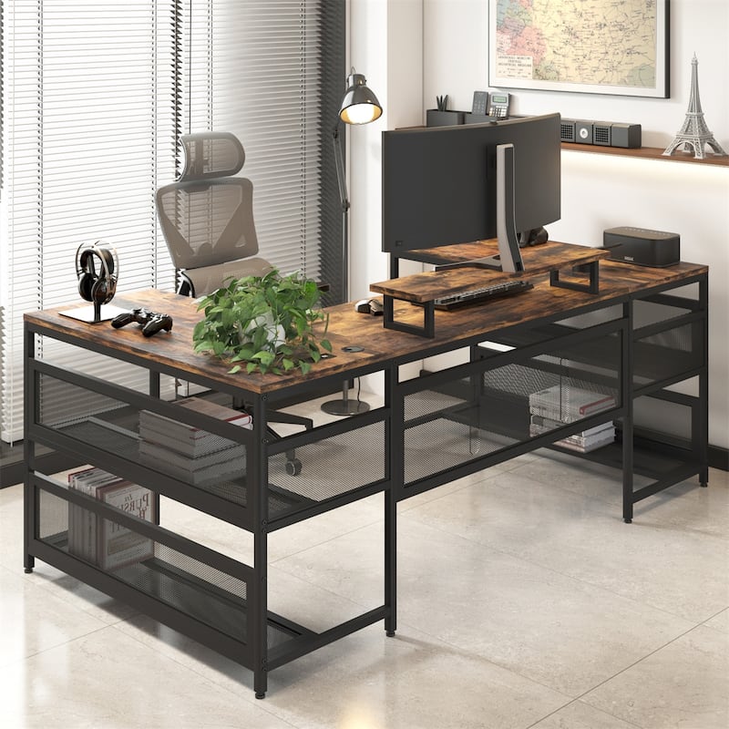 U-shaped Desk with Shelve and LED Lights